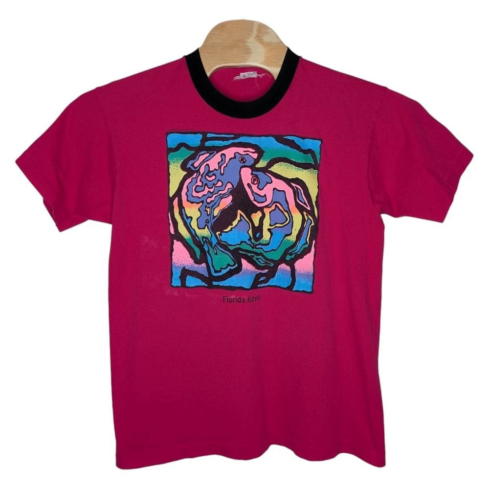 Vintage Florida Keys Mosaic Fish T Shirt Large Pink Ringer Expressions Unlimited